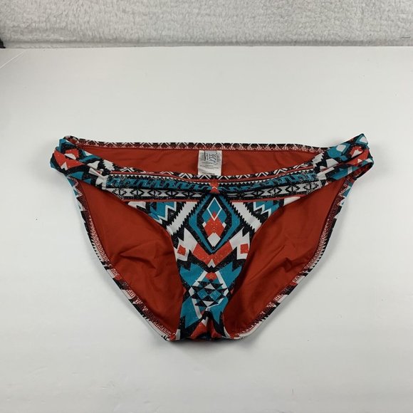 Becca Ruched Side Bikini Bottom Women's Sz Large Blue Aztec Print Polyester 6228 - Picture 1 of 5